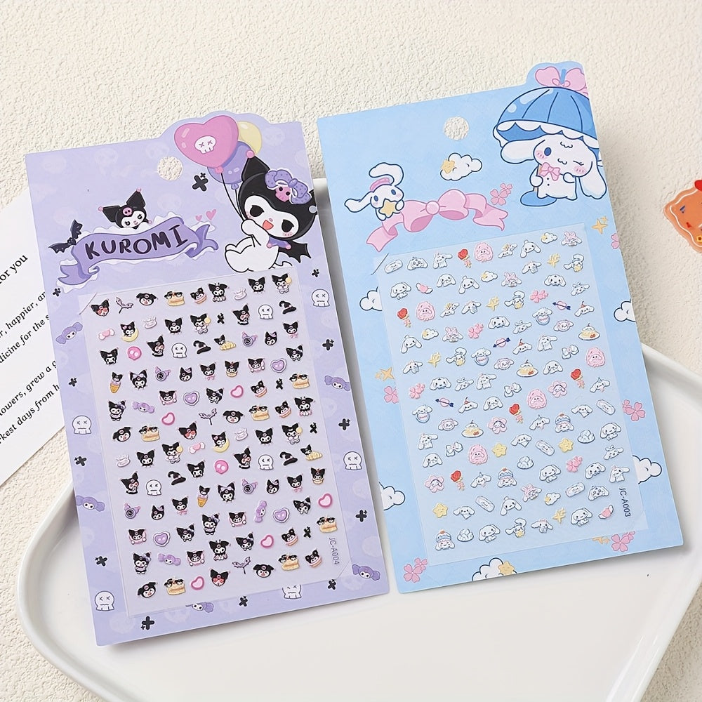 2pcs Sanrio Nail Art Stickers 5D Embossed Kuromi Cinnamoroll & HelloKitty Designs Nail Decals Kawaii Cartoon Self-Adhesive Decals for DIY Manicures Decoration