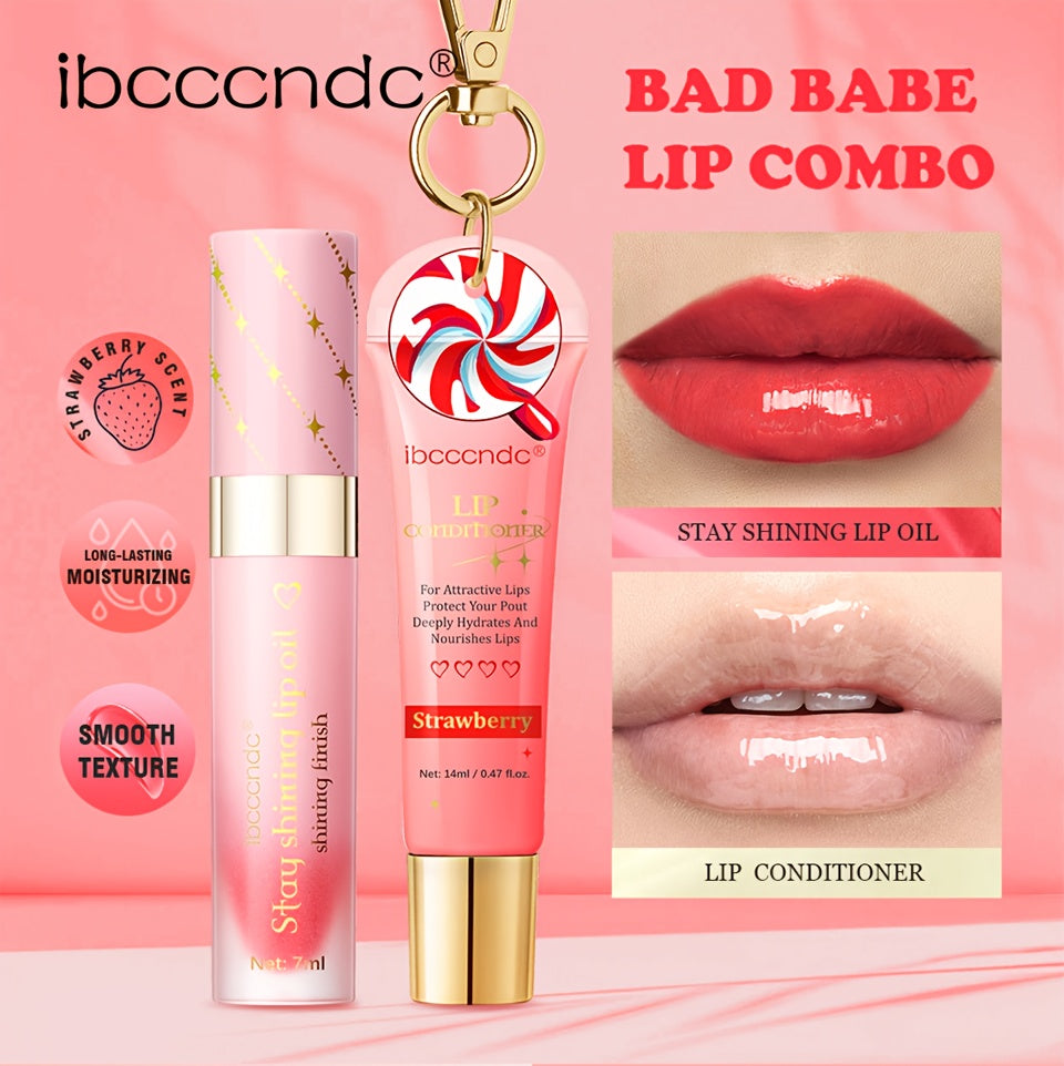 Bad Girl Lip Combo, Includes 2 Lip Oils, Strawberry Flavour, Tinted Lip Oil, Moisturizing And Nourishing, Winter Lip Care,