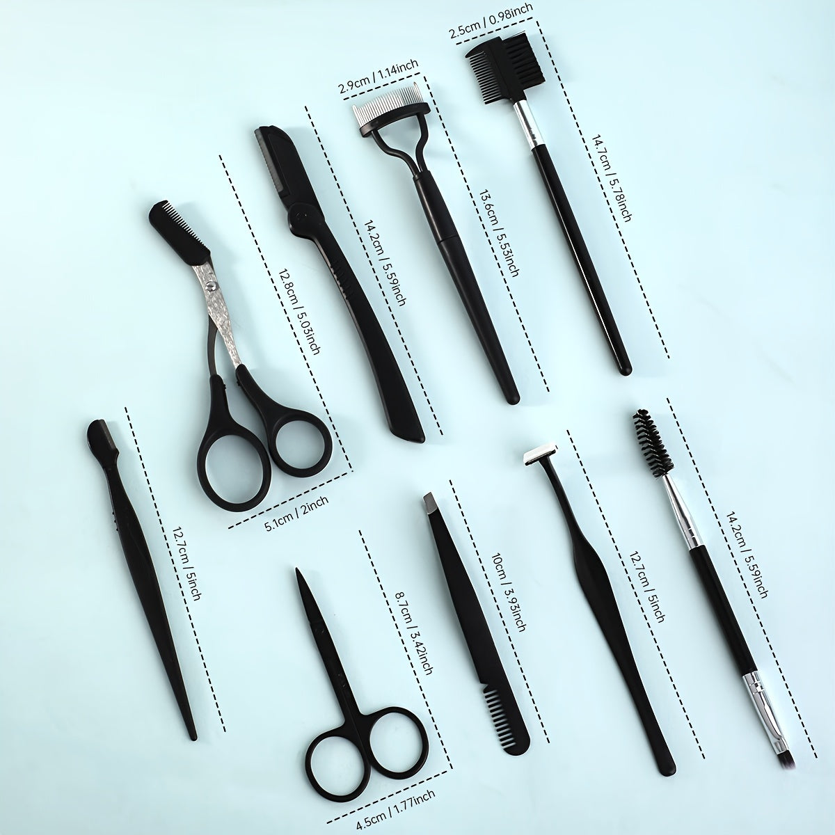 8/9/12pcs Stainless Steel Eyebrow Grooming Kit, Portable Black Set for Women and Men, Includes Eyebrow Brush, Razors, Comb, Scissors, Folding Razor, Trimmer, Tweezers with Comb, Lash Separator, No Electricity Needed