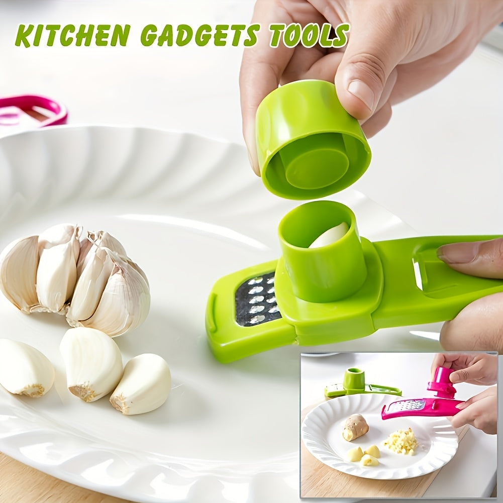 3-in-1 Multifunctional - Metal & Plastic Garlic & Ginger Press - Manual Kitchen Gadget Tool, Food Contact Safe, No Electricity Needed