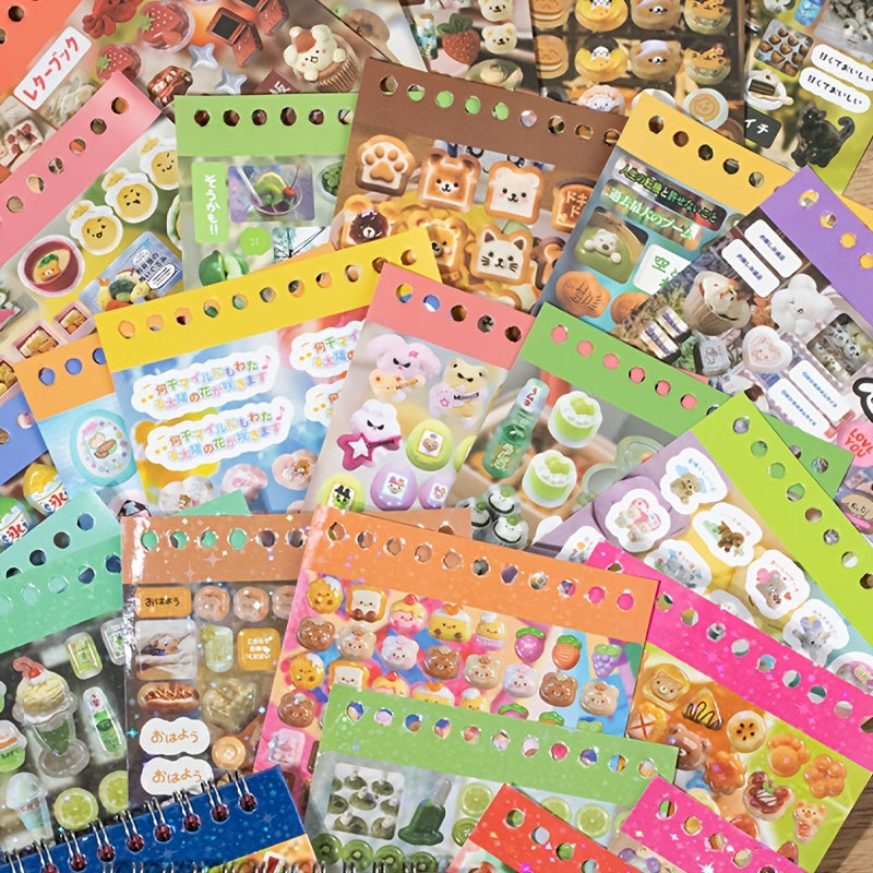 48 Sheets Kawaii Japanese Adhesive Sticker Set, Assorted Cartoon and Food-Themed Decals, Paper Material, for Scrapbooking, Planner, Phone Case, Water Bottle, Album, Diary, Art & Craft, with Creative Journaling Supplies, for I