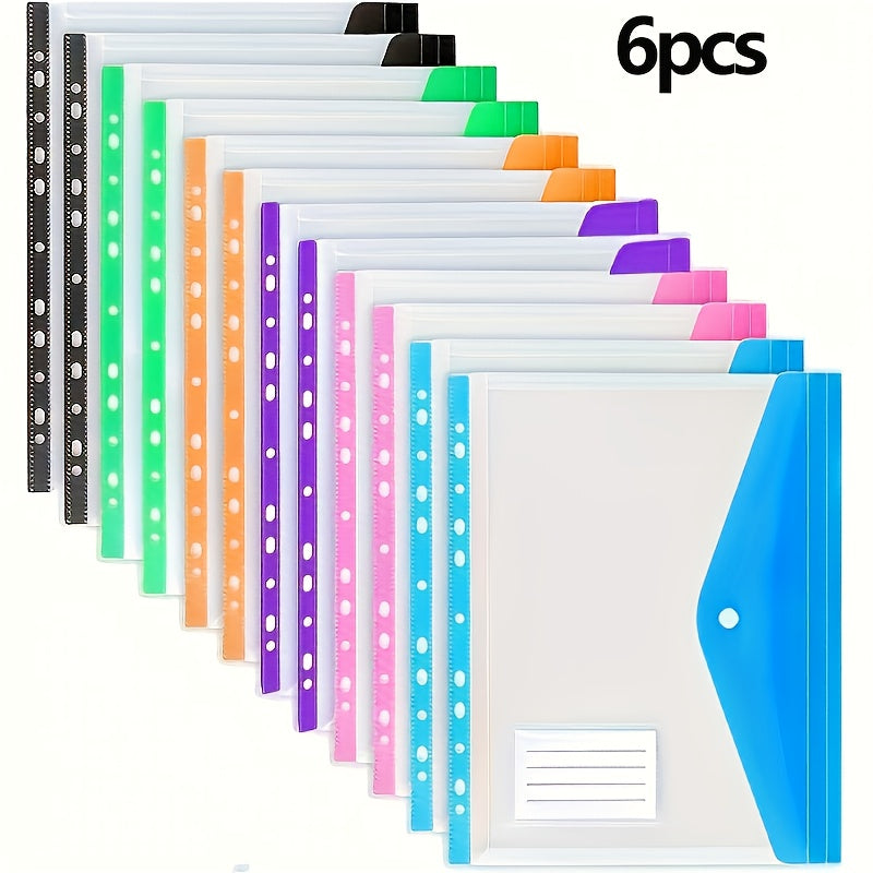 12pcs/6pcs A4 Large Capacity Loose-Leaf File Pockets with 11-Hole Binder Rings, Modern PP Material, Expandable Button And Label Pockets, Suitable for School, Home, Office, Attendance, Travel - Portable Design