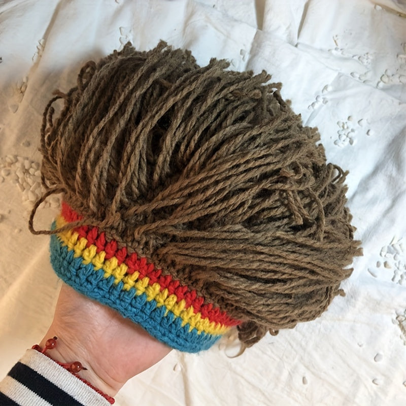 Men's Funky Knitted Beanie Hat with Attached Fake Hair -