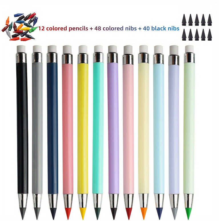 100pcs/set, 12 Colors Eternal Pencil With Eraser - Long Lasting Writing Infinity Pencil, Never Sharpens Eternal Inkless Pencil For Sketching, Painting, School Supplies Eternal Pencil BACK To SCHOOL,