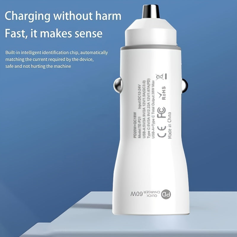 60W USB C Car Charger, USB-C Adapter Fast Charging Dual Port PD3.0 Type C Power Plug Compatible with iPhone16 15 14 13 12 11 Pro Max XR Samsung S23/22/21 Google Pixel 7 (Black/White)