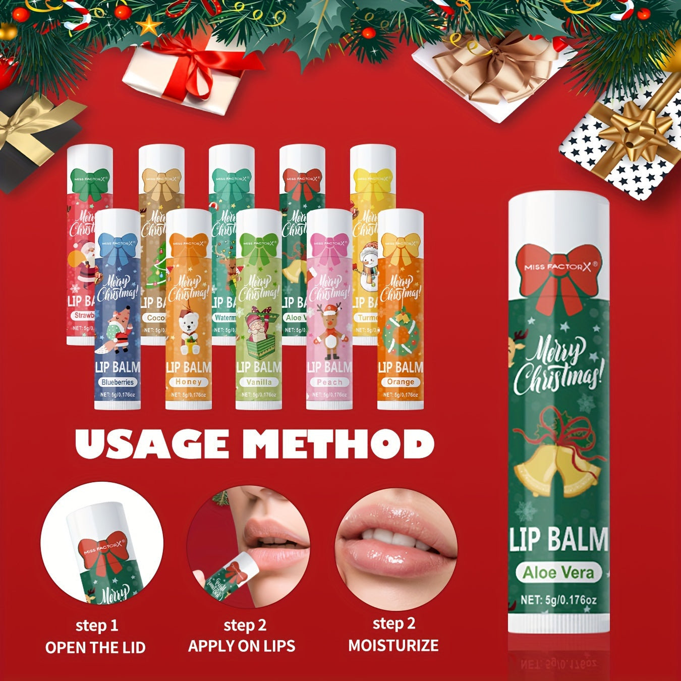 Gift Set 10pcs/Box Deep Hydration Long-Lasting Moisturizing Lip Balm Set Smooth Lips Christmas Theme Gift.