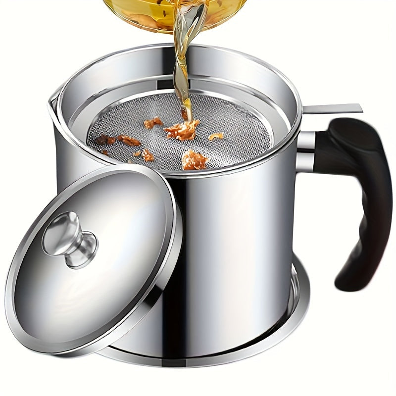 1pc Stainless Steel Kitchen Storage Container with Strainer, 1.8L/60oz - Easy-Grip Handle for Cooking Oil & Grease Separation - Ideal for Home, Hotels, Restaurants