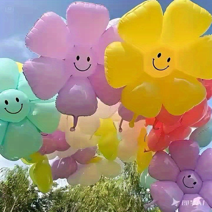 Happy Face Macaron Happy Face Daisy Balloons | 5pcs | Aluminum Film | No Electricity Needed | Home, Garden, Birthday Party, Wedding Decor | Birthday Party, Wedding, Hawaiian Theme