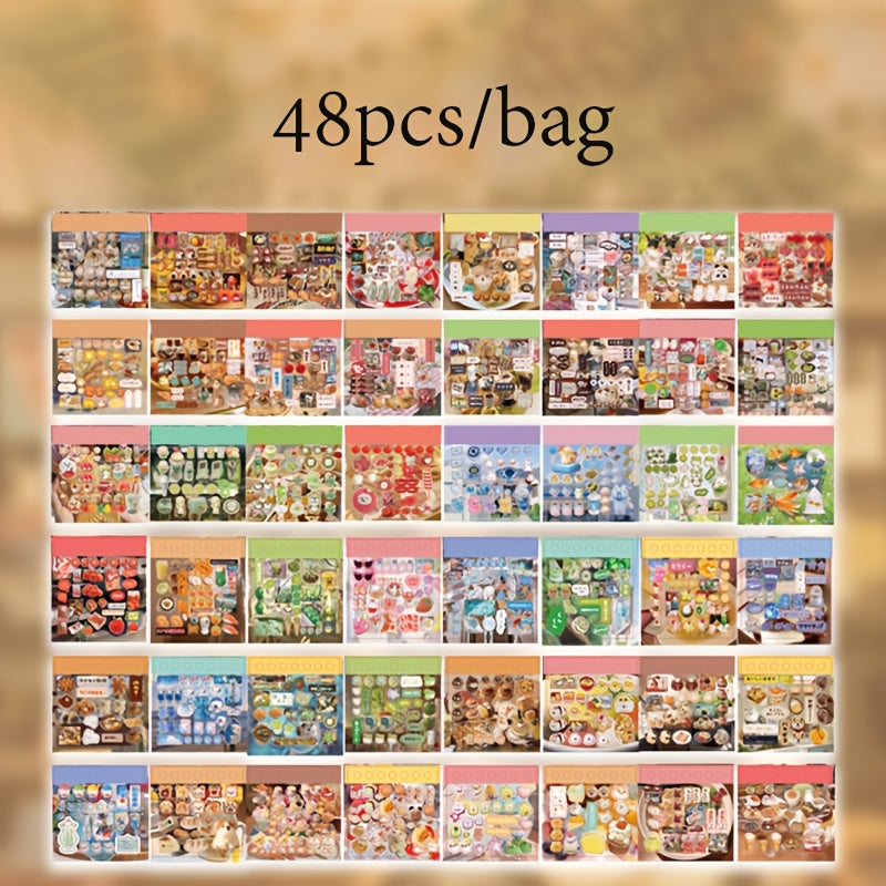 48 Sheets Kawaii Japanese Adhesive Sticker Set, Assorted Cartoon and Food-Themed Decals, Paper Material, for Scrapbooking, Planner, Phone Case, Water Bottle, Album, Diary, Art & Craft, with Creative Journaling Supplies, for I