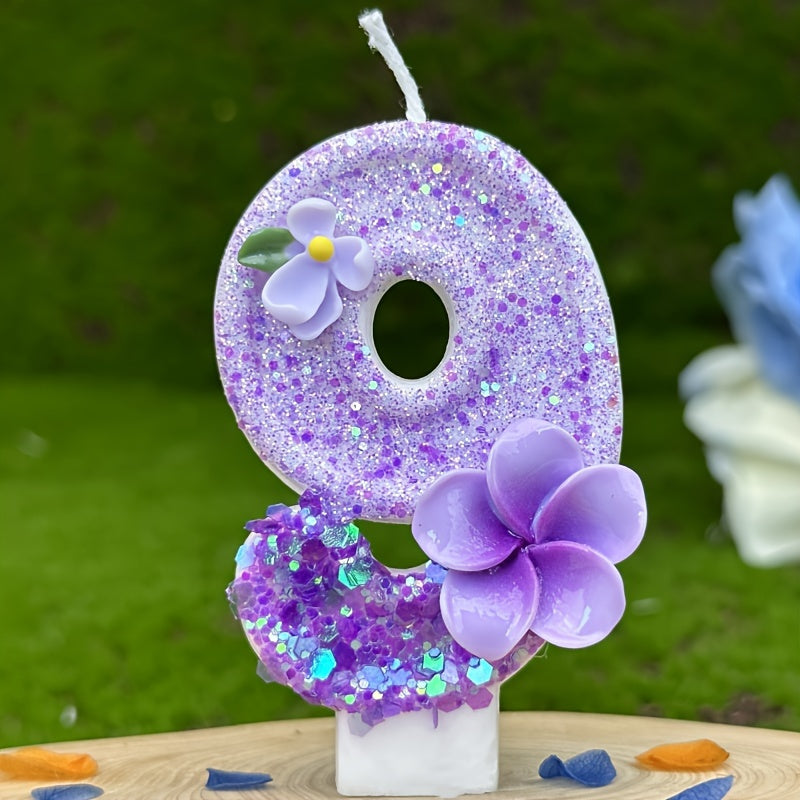 1pc Number Birthday Candle, Purple Glitter with Plumeria & Gardenia Accents, Paraffin Wax No-Feather Cake Topper for Party Decoration