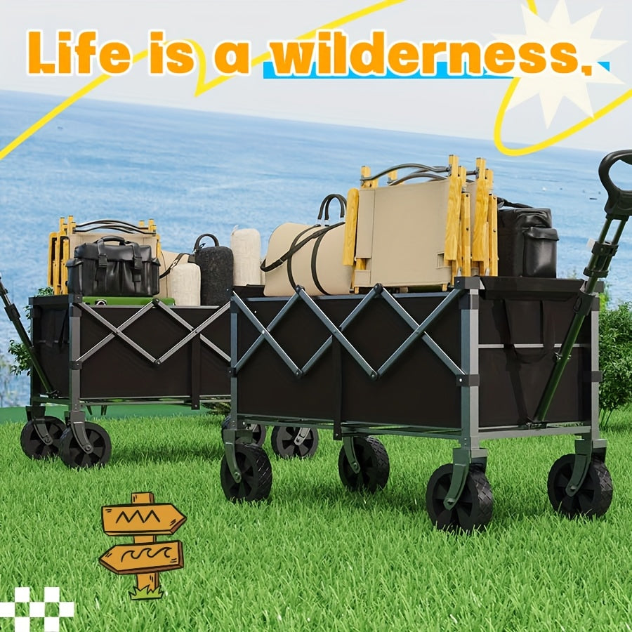 Heavy-Duty Foldable Utility Cart For RV Camping All-Terrain Large-Wheel Beach Wagon With Cup Holder, Multi-Purpose Hauler For Groceries, Sports Gear, Shopping Outdoor Activities