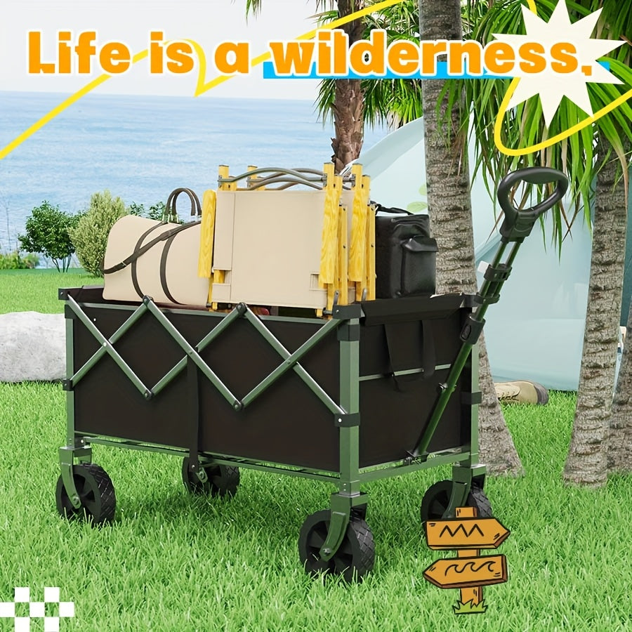 Heavy-Duty Foldable Utility Cart For RV Camping All-Terrain Large-Wheel Beach Wagon With Cup Holder, Multi-Purpose Hauler For Groceries, Sports Gear, Shopping Outdoor Activities