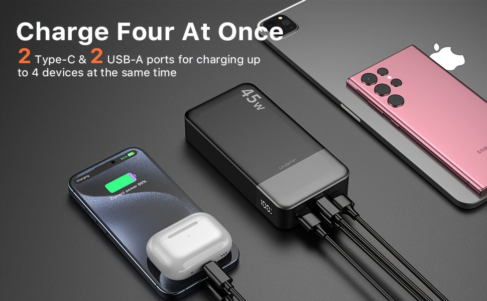 45W 20000mAh Portable Power Bank With LED Display And 4 Interfaces, Capable Of Charging Laptops With Large Capacity