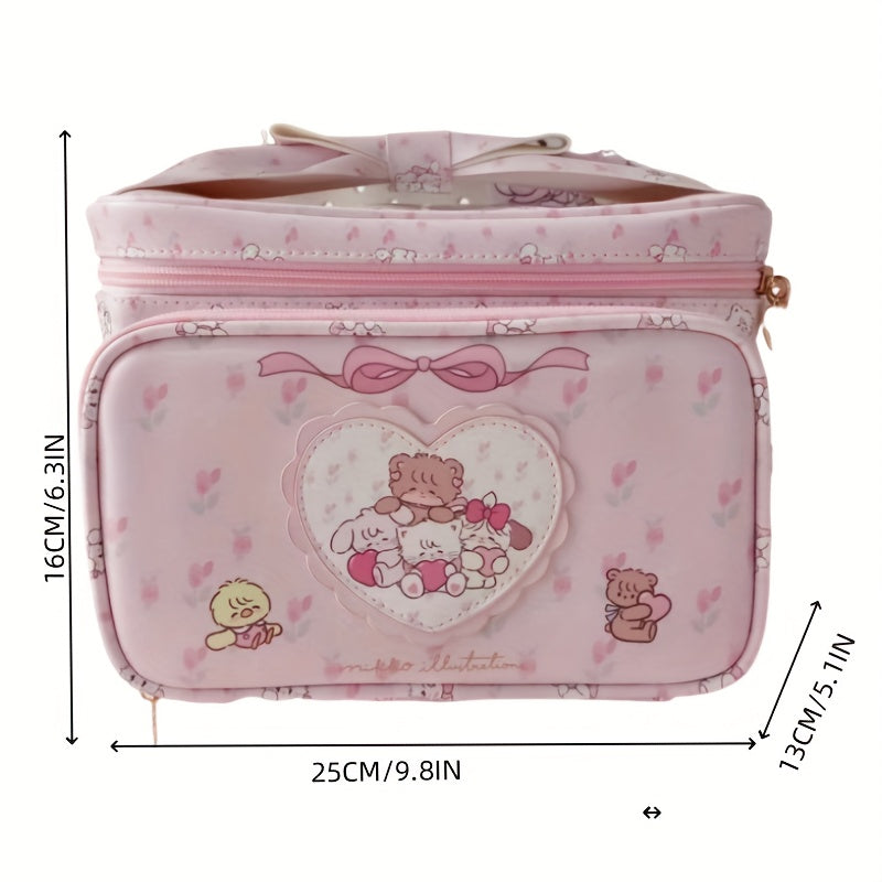 Cute Pink Synthetic Leather Makeup Bag - Large Capacity, Adorable Bear & Heart Design, 1pc | Perfect for Women's Cosmetics Storage