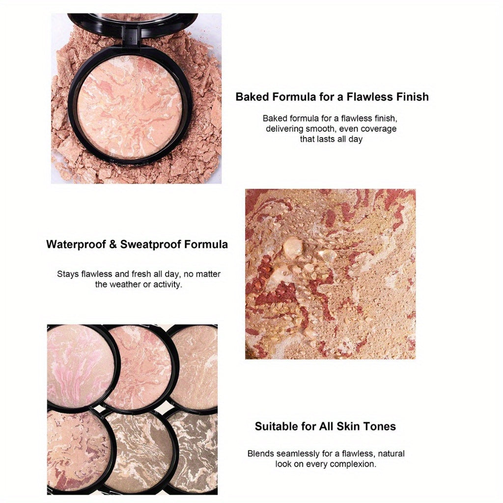 Marble Baked Powder Contour Palette - Nose Shadow, Blush, Highlighter, Long-Lasting Lightweight Foundation, Perfect for All Skin Types, Natural Finish, All-in-One Makeup Kit,
