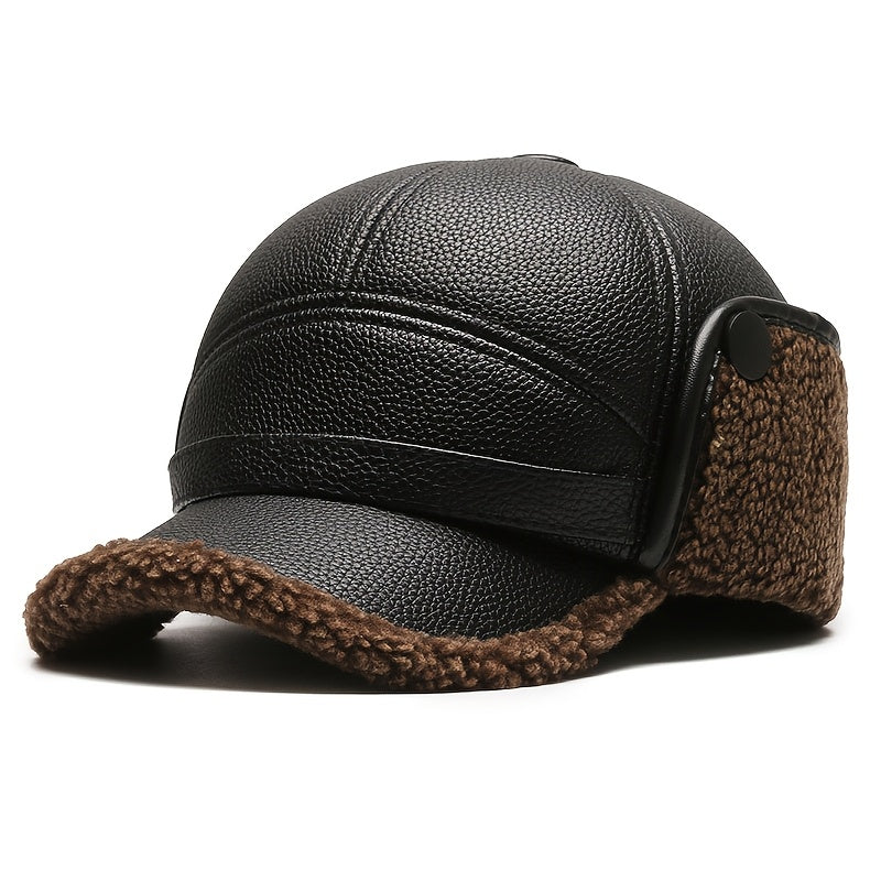 Men's Winter Warm Hat Thickened Ear Flap Cap with Faux Leather