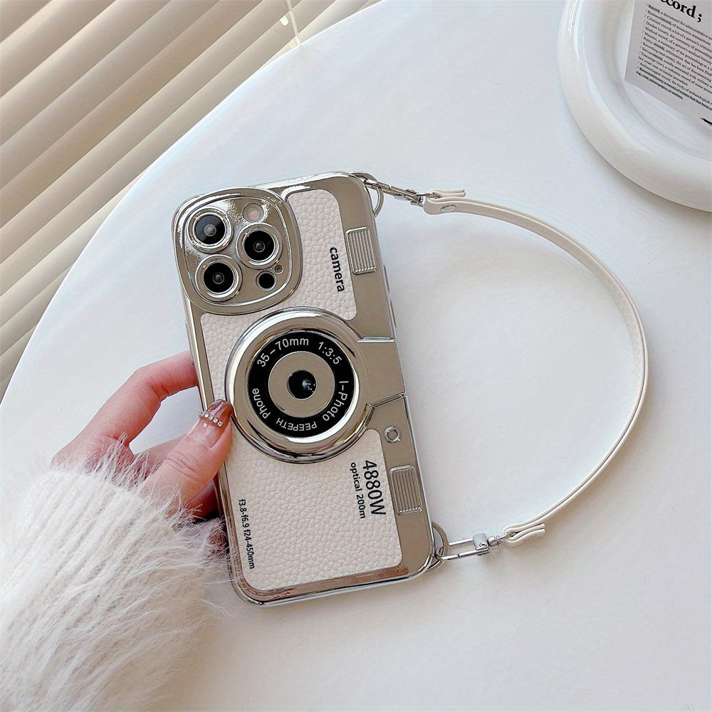 Vintage-Style 3D Camera TPU Case with Lanyard for iPhone 12/14 Pro Max, 11/13 – Chic Couple Gift Cover