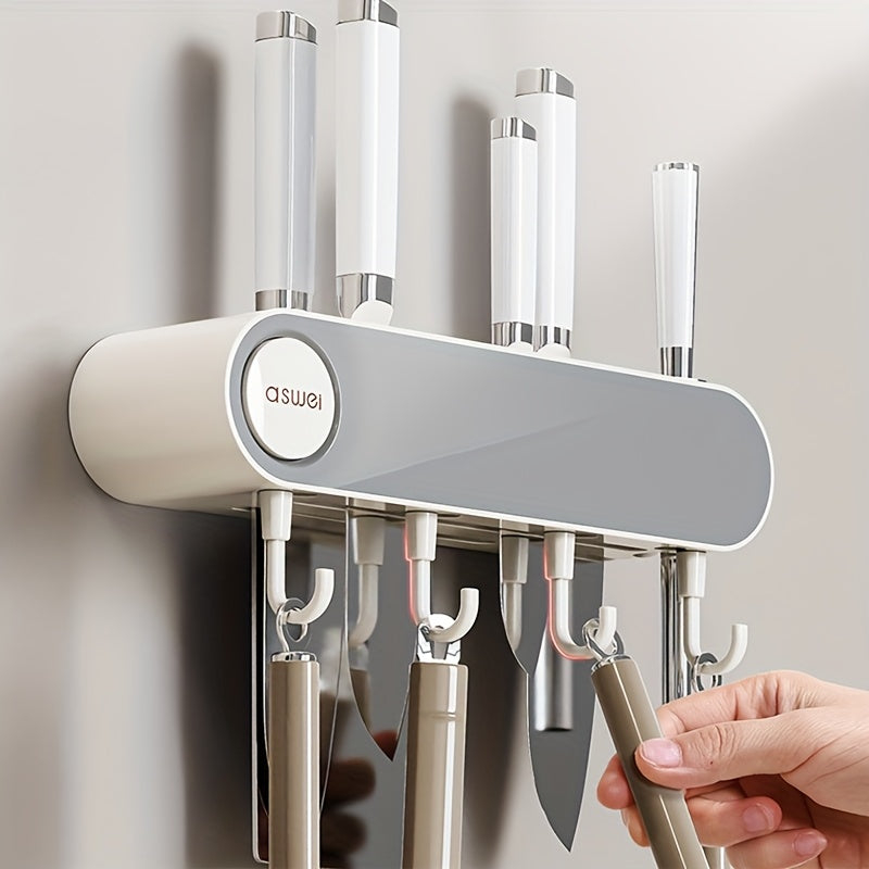 Multifunctional Wall Hanging Knife Holder, Can Hold Multiple Knives, with Integrated Sharpening Stone, Equipped with 4 Hooks, Suitable for Spatulas, Funnel, Kitchen Tools