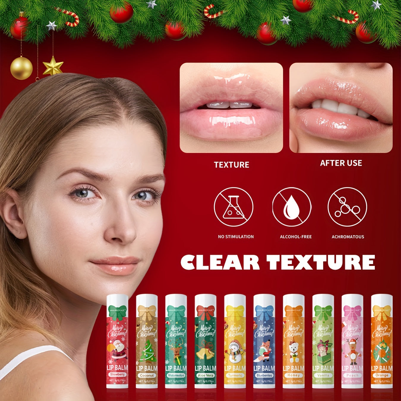 Gift Set 10pcs/Box Deep Hydration Long-Lasting Moisturizing Lip Balm Set Smooth Lips Christmas Theme Gift.