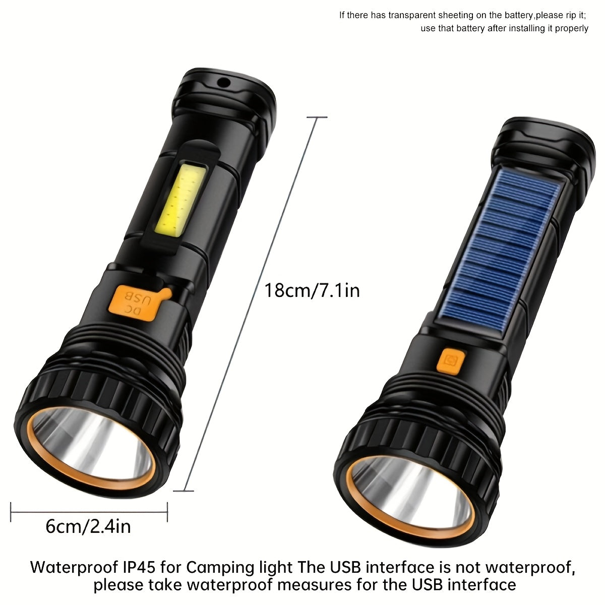 rechargeable solar flashlight with COB side light, USB rechargeable, multifunctional, 3 modes, perfect for outdoor exploration, camping, hiking, home safety, and emergency situations (including battery)