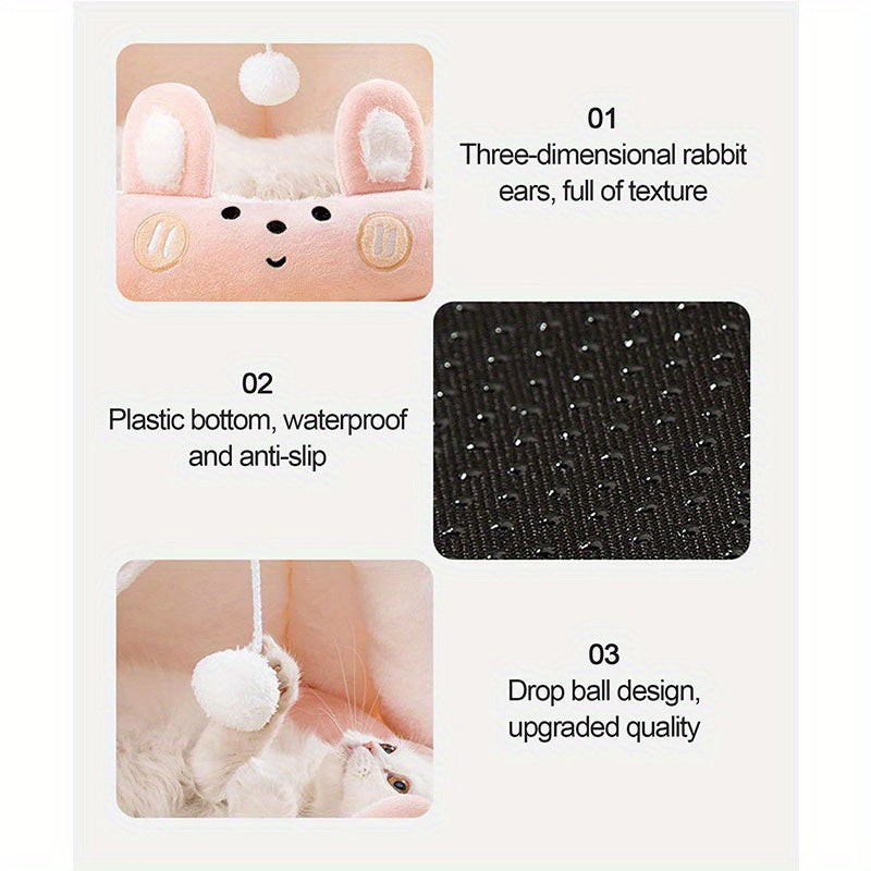 Cozy Gray & White Cat Cave Bed - Semi-Enclosed, Removable & Washable Polyester Pet Nest with Plush Interior and Hanging Ball Toy for Ultimate Comfort