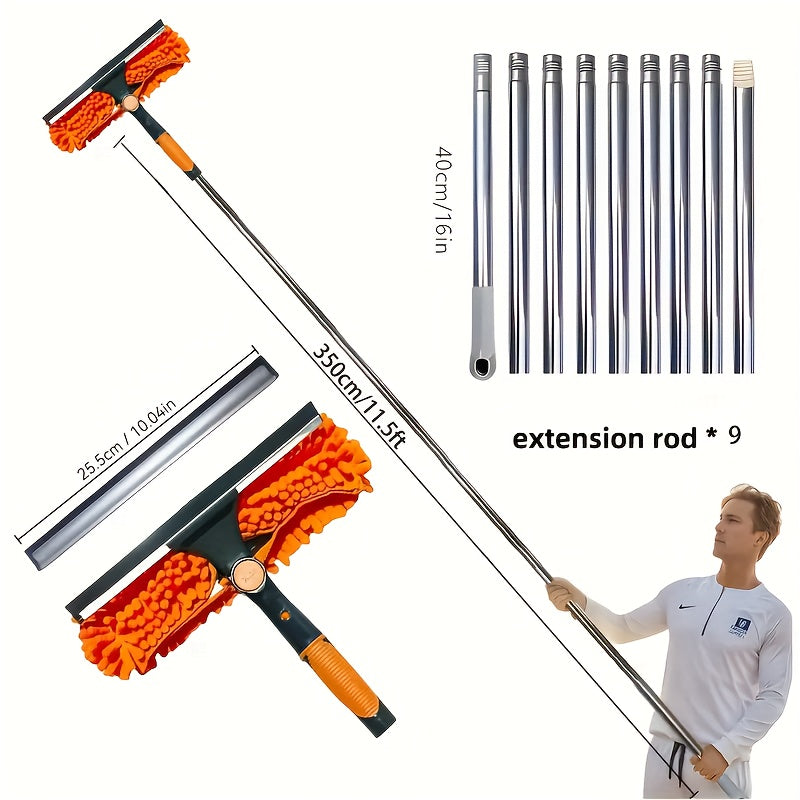 2-in-1 Window Washer & Squeegee - 180° Rotation, Up to 6.1meter Reach, Stainless Steel Handle, Resin Head with Microfiber Cleaning Cloth, Dry & Wet Use, Easy Assembly & Storage, Ideal for High-Rise Glass Cleaning, Window Cle