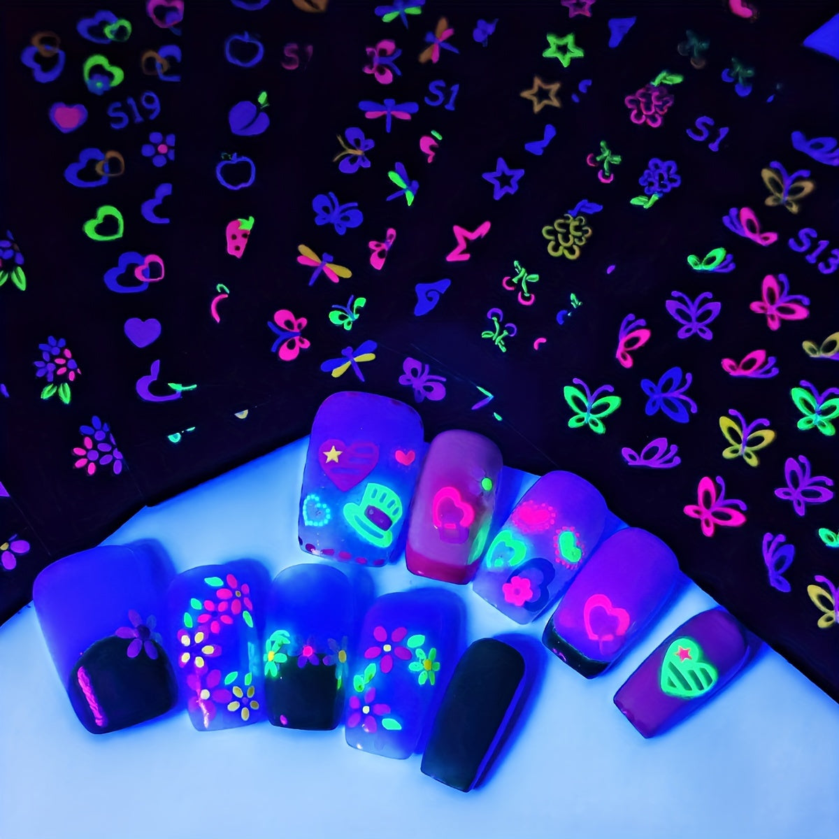 24 Sheets 3D Glow in The Dark Neon Nail Stickers Glittery Glossy Self-Adhesive Nail Art Stickers Butterfly Love Heart Flower Nail Art Decoration for Women Girl DIY Nail Art Deco