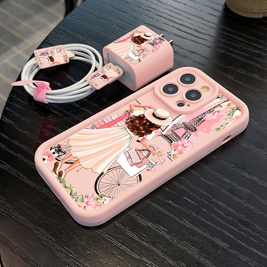 5pcs Set: 1 High Bamboo Pink Girl Anti-Drop Phone Case + 1 Charger Protective Cover + 2 Data Cable Protectors + 1 Data Cable Strap, Suitable for iPhone 16/16pro/16promax/16plus/11/11pro/11promax/12/12pro/12promax/13/13pro/13p