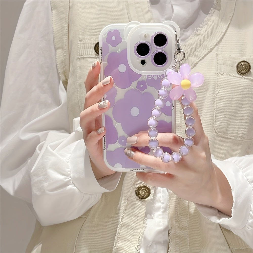 Cute Luxury Cute Luxury Transparent Phone Case Soft Egg Flower Cover with Flower Chain Lanyard | for iPhone 11 14 Pro Max 12 Pro 13 11 Pro Max 7 8 Plus Clear Purple Bear Ear
