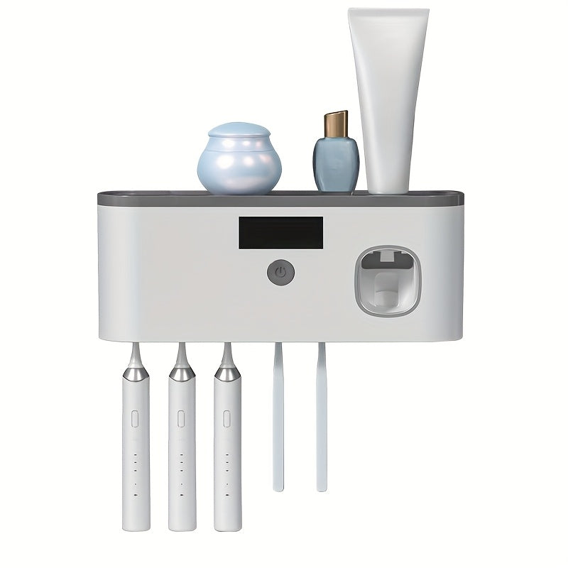 Sleek Modern UV Sanitizing Toothbrush Holder, Wall-Mounted Bathroom Organizer, No-Drill Installation, USB Rechargeable Lithium Battery, Plastic Material, with Built-in Light for Effective Cleanin