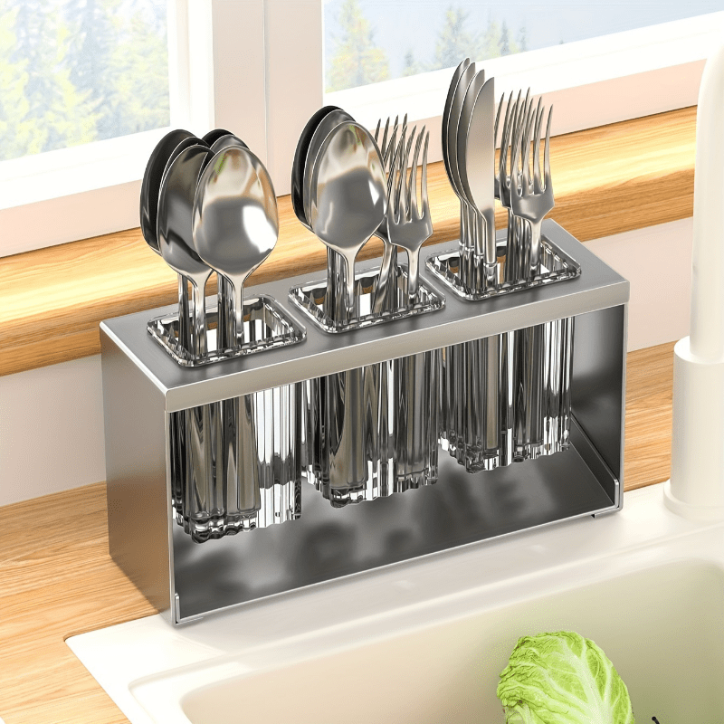 1pc Multifunctional Kitchen Utensil Organizer with Drainboard - Plastic Tableware Storage Holder for Knives, Forks, Spoons, and Chopsticks - Countertop Utensil Rack with Built-in Drainage for Home and Restaurant Use