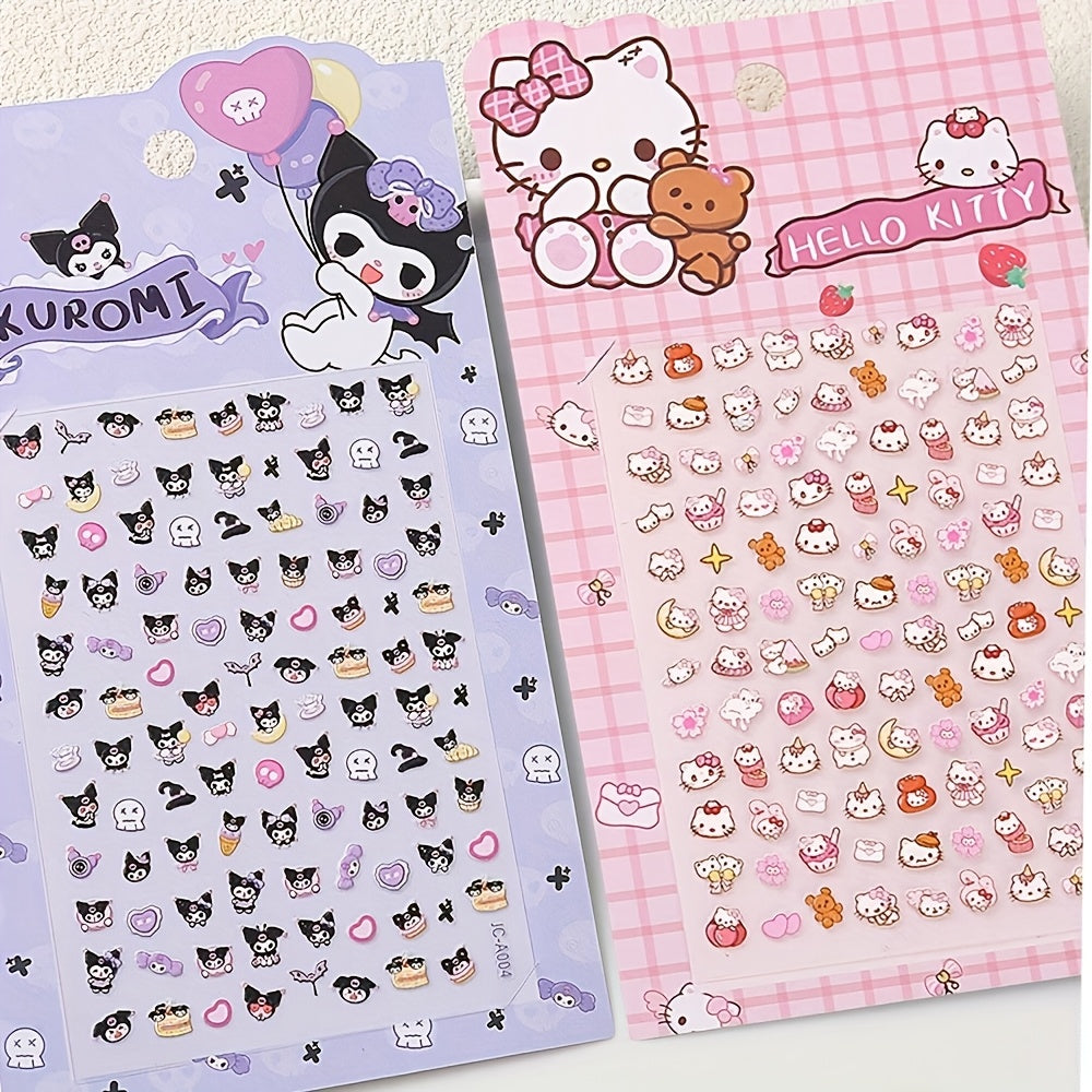 2pcs Sanrio Nail Art Stickers 5D Embossed Kuromi Cinnamoroll & HelloKitty Designs Nail Decals Kawaii Cartoon Self-Adhesive Decals for DIY Manicures Decoration