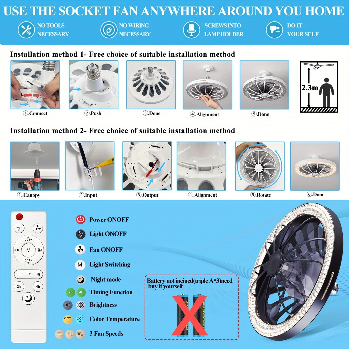 1pc 13" Modern Ceiling Fan With Lights And Remote Control, E26/E27 Base Easy Install Socket Fan Light, 3 Speed Wind Adjustment, 3 Colors 3000-6500k Dimmable Led Light for Bedroom, Kitchen, Living Room, Storage Room, Garage, B