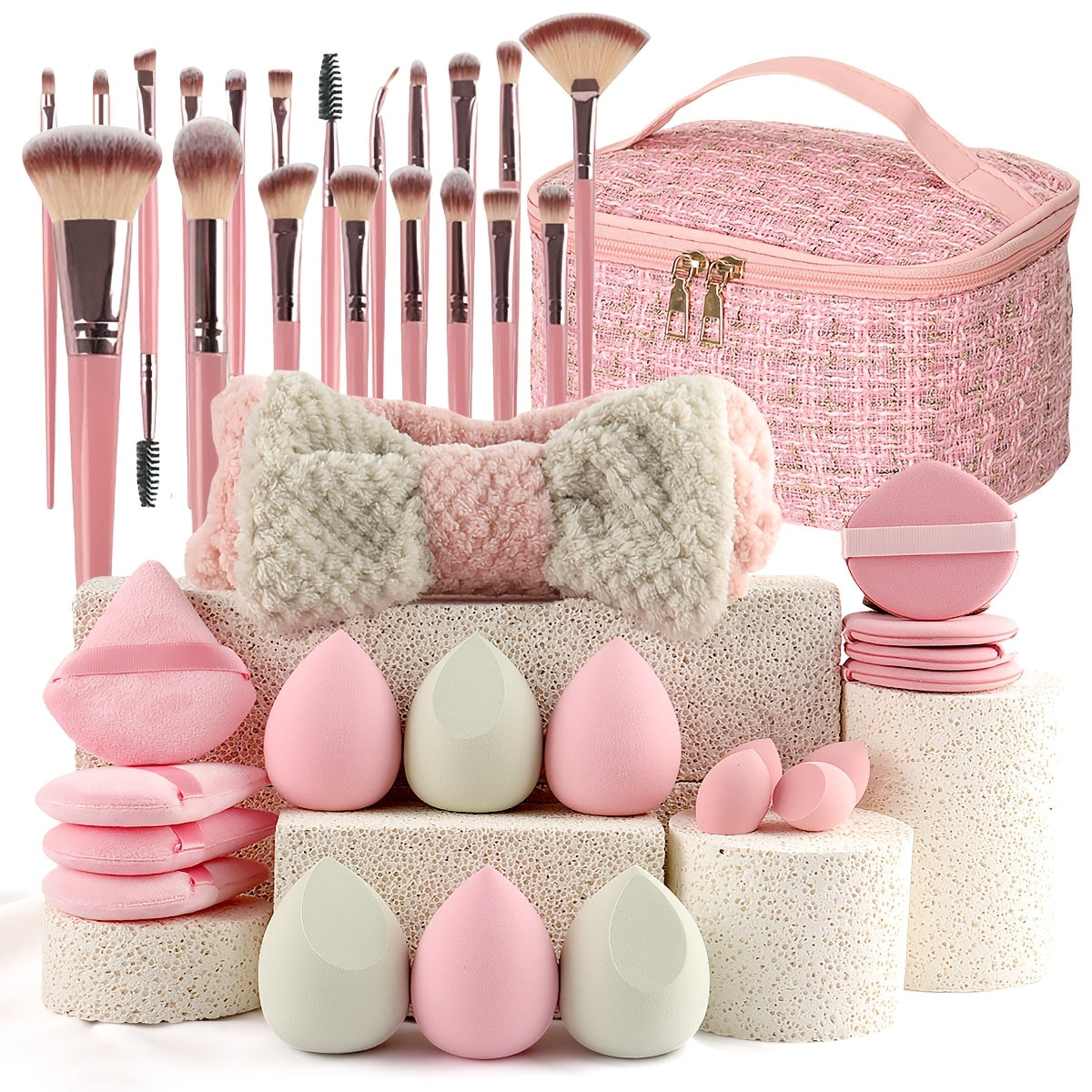 Popular Choice 20/21/40pcs of pink makeup kit, the set includes a multi-size soft brush, a variety of makeup eggs, a portable large-capacity travel makeup bag, and a full set of pink 2025 Internet celebrity makeup brushes