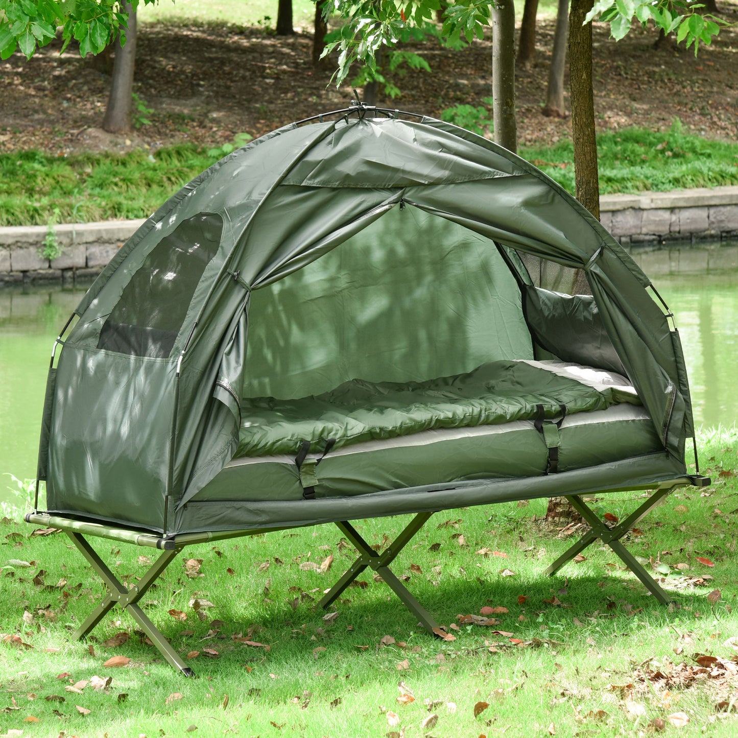 1 person Foldable Camping Tent w/Sleeping Bag Air Mattress Outdoor Hiking Picnic Bed cot w/Foot Pump