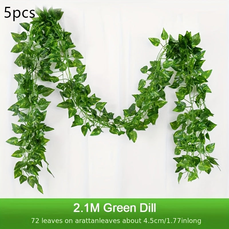 5pcs Evergreen Artificial Ivy Leaf Garlands - 3D Faux Green Vine Hanging Decor, Durable Plastic Plant Wreath for Indoor/Outdoor, Home Garden, Wedding, Bridal Shower, Housewarming - No Electricity Needed, Outdoor Greenery | Ve