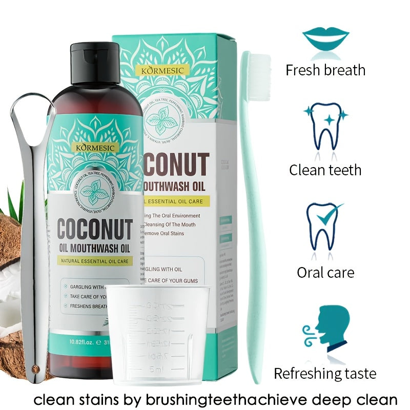315Ml Concentrated Coconut Oil Mouthwash Set, Deep Cleaning Oral Care with Measuring Cup And Tongue Scraper, Fresh Breath, Daily Use for Oral Care.
