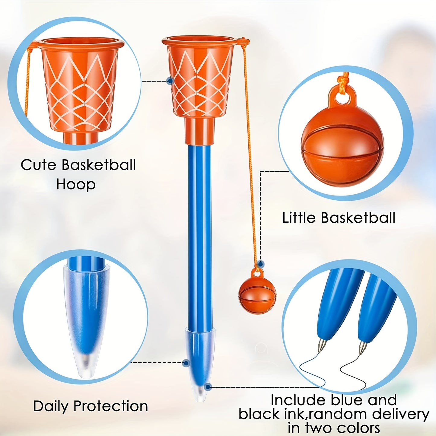 1pc/2pcs Basketball Pens - Plastic Sports Themed Pen with Click-off Cap, Medium Point, Round Body Shape