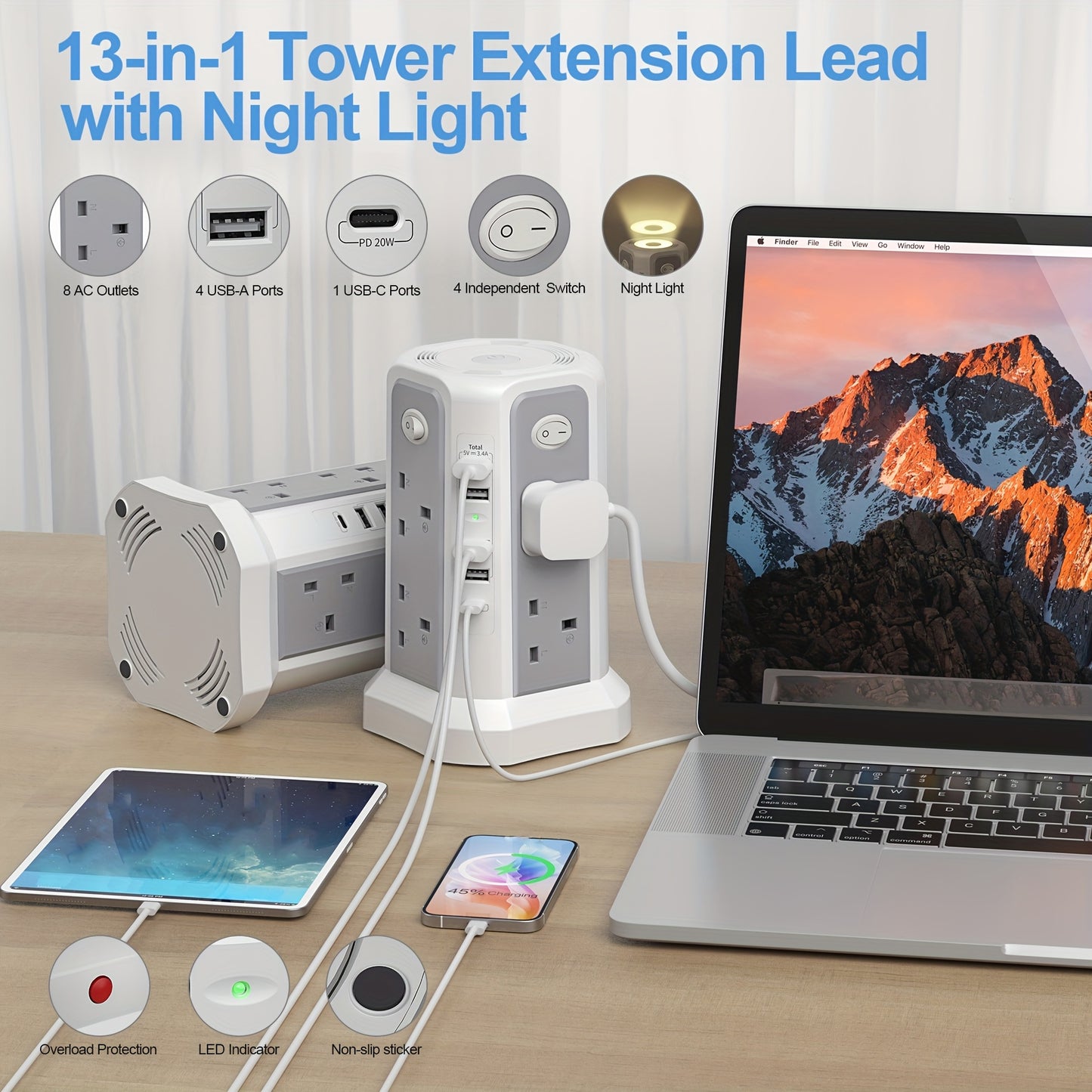 2-Story Tower Power Supply with 8 AC Sockets, 4 USB Ports, 1 USB-C PD20W Fast Charging, Individual Switch, Adjustable Night Light, Surge Protection, And for Home, Office, Studio, And Workshop Use