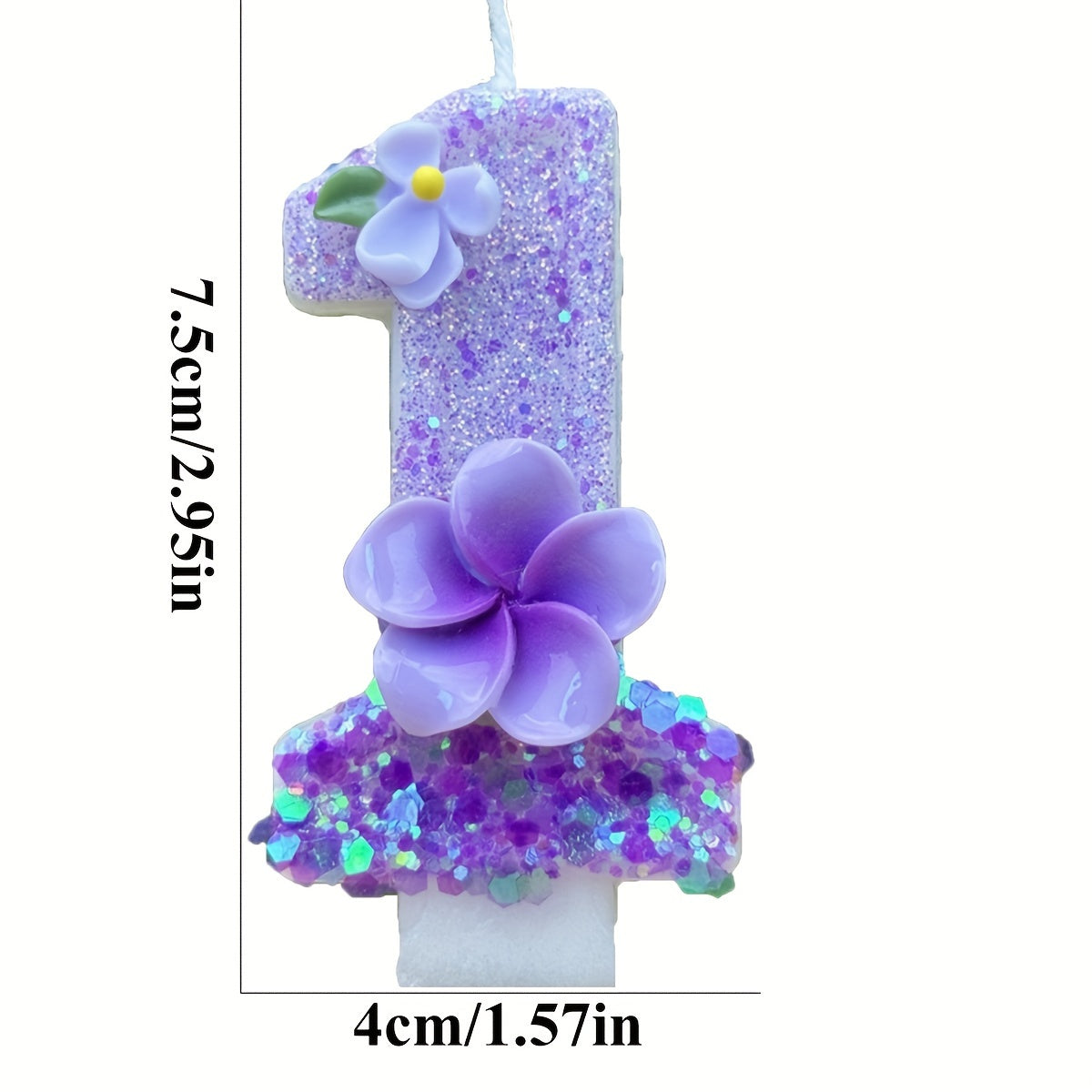 1pc Number Birthday Candle, Purple Glitter with Plumeria & Gardenia Accents, Paraffin Wax No-Feather Cake Topper for Party Decoration