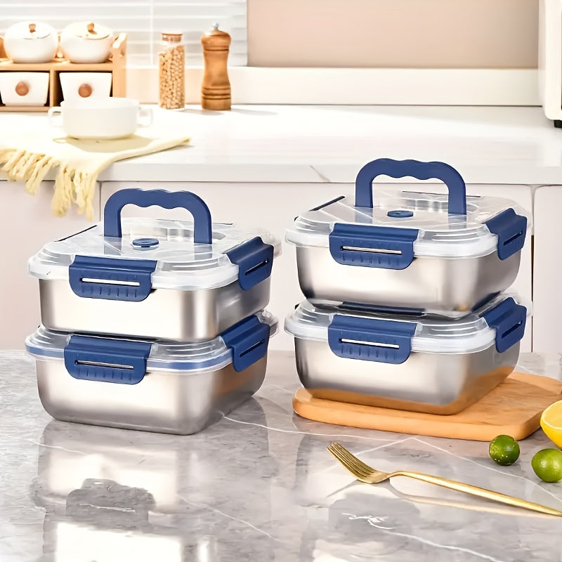 1/2/4pcs Stainless Steel Leakproof Food Storage Container with Blue Lid - Microwave Safe, Reusable, Ideal for Refrigerator & Bento Boxes, Kitchen Essentials, Universal Fit for Outdoor Cooking & Meal Prep