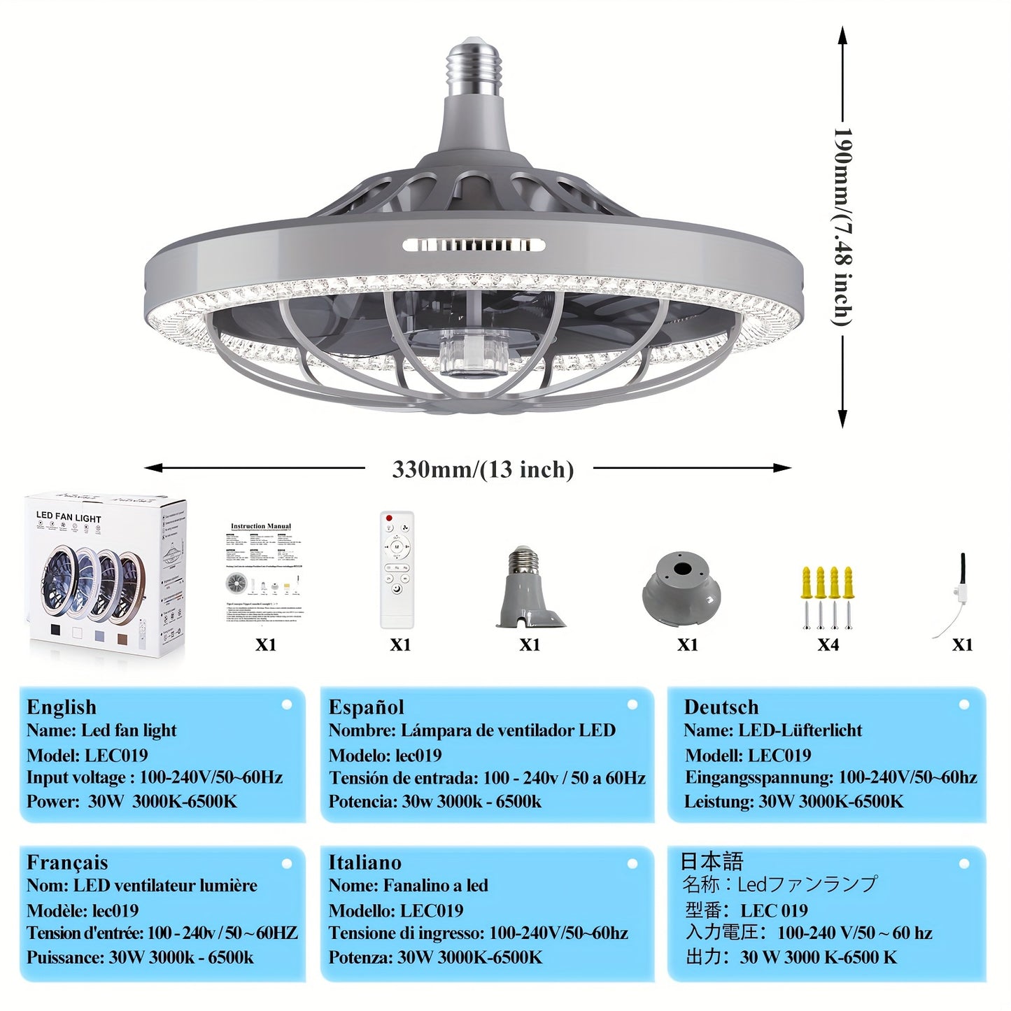 1pc 13" Modern Ceiling Fan With Lights And Remote Control, E26/E27 Base Easy Install Socket Fan Light, 3 Speed Wind Adjustment, 3 Colors 3000-6500k Dimmable Led Light for Bedroom, Kitchen, Living Room, Storage Room, Garage, B