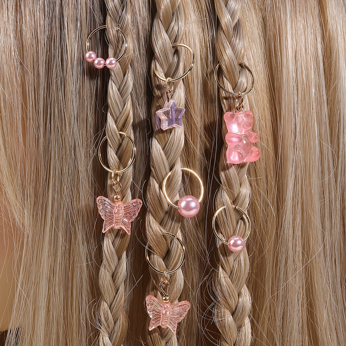 14pcs Shiny Butterfly Bear Hair Braid Rings | Star Crystal Rhinestone Hair Clips Cuffs Charms, Hair Jewelry Decoration for Women and Cool Girls
