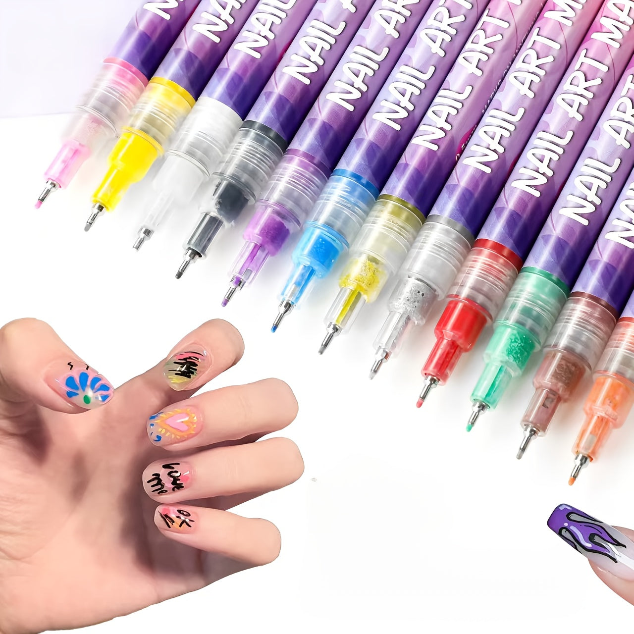 12 Colors 0.5mm 3D Nail Polish Pen + 24 Reusable Stencil Stickers Set Nail Art Pen Set.