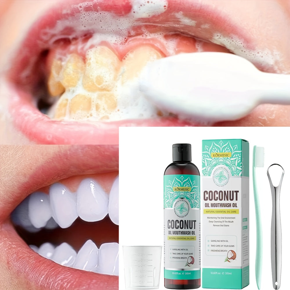 315Ml Concentrated Coconut Oil Mouthwash Set, Deep Cleaning Oral Care with Measuring Cup And Tongue Scraper, Fresh Breath, Daily Use for Oral Care.
