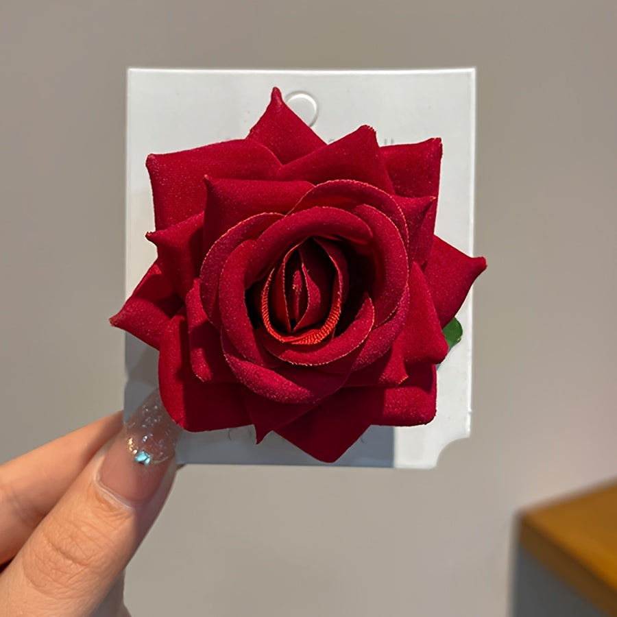 Vintage Casual 3pcs Red Rose Fabric Hair Clips - Side Bangs Duckbill Clip Accessories for Women
