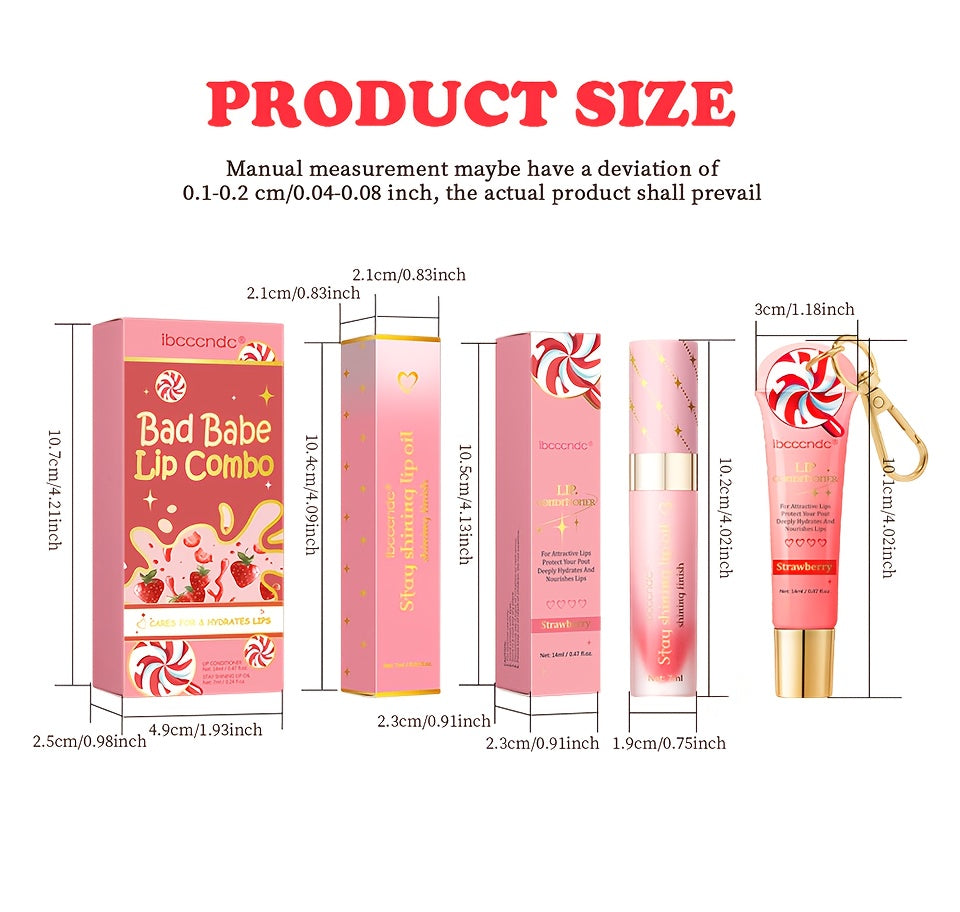 Bad Girl Lip Combo, Includes 2 Lip Oils, Strawberry Flavour, Tinted Lip Oil, Moisturizing And Nourishing, Winter Lip Care,