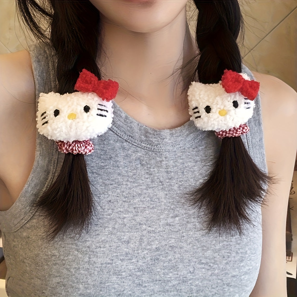 1pc of sweet Kitty cat hair clip headband, cute retro plaid hair loop, double ponytail doll braided hair rope
