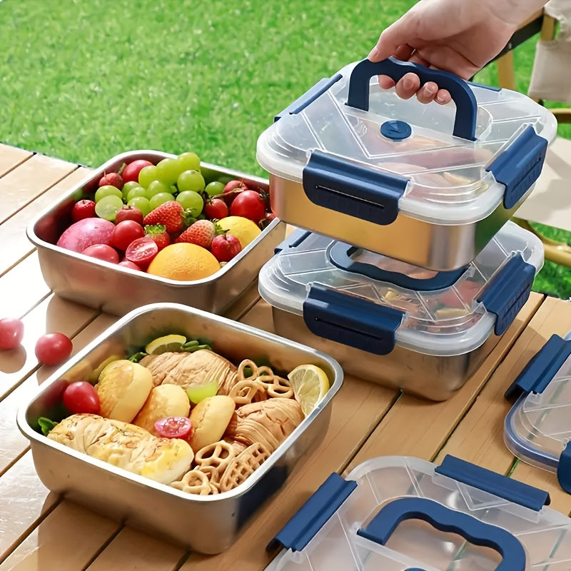 1/2/4pcs Stainless Steel Leakproof Food Storage Container with Blue Lid - Microwave Safe, Reusable, Ideal for Refrigerator & Bento Boxes, Kitchen Essentials, Universal Fit for Outdoor Cooking & Meal Prep