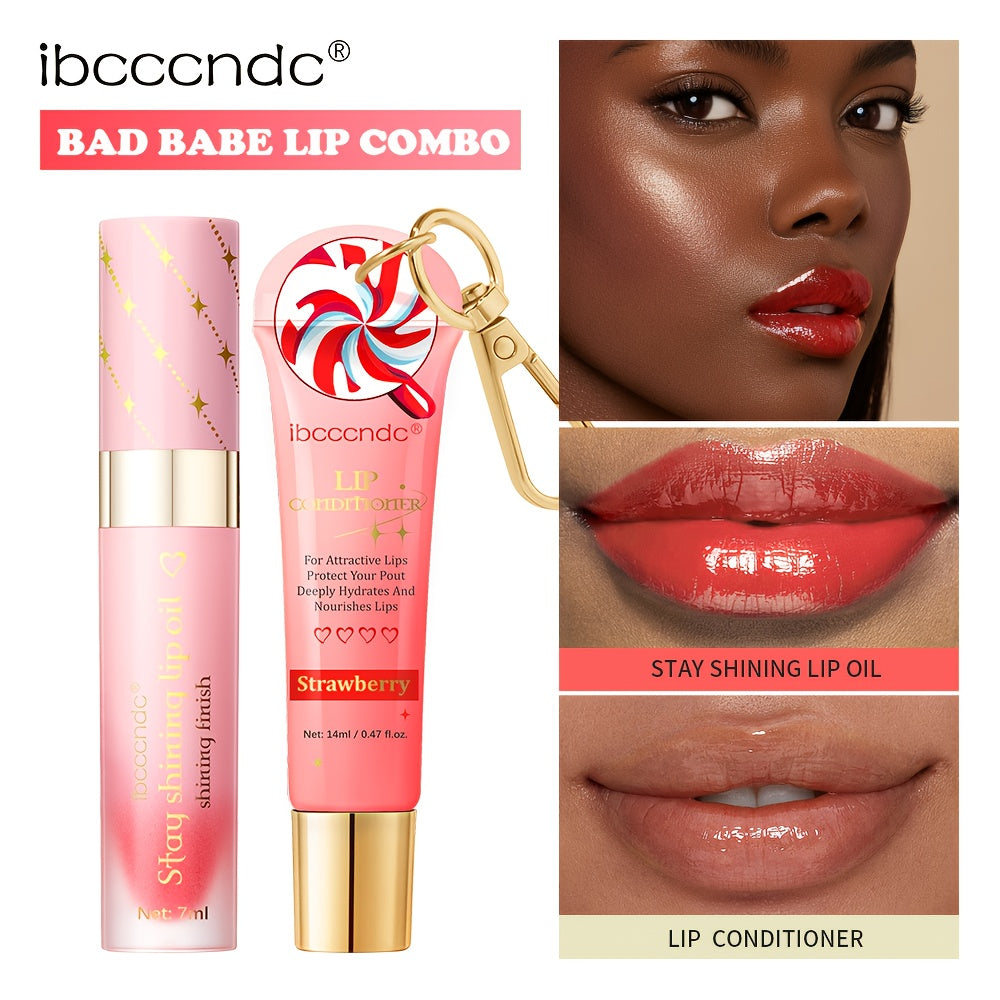 Bad Girl Lip Combo, Includes 2 Lip Oils, Strawberry Flavour, Tinted Lip Oil, Moisturizing And Nourishing, Winter Lip Care,